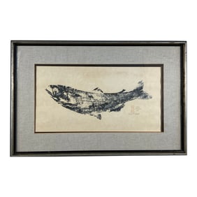 Gyotaku Fish Print "Silver Salmon" by Larry M. Smith – Vintage Framed Fishing Art, Japanese, C