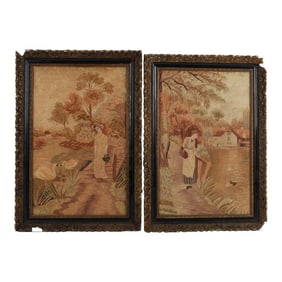 Antique Framed Woven Textile Art- Set of 2