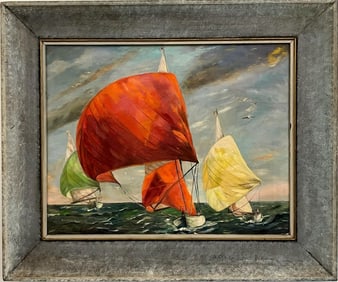 Mid-Century Sailing Regatta Oil Painting by Locueso