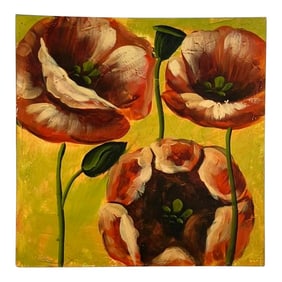 Contemporary Floral Painting – Bold Red Poppies on Yellow Background