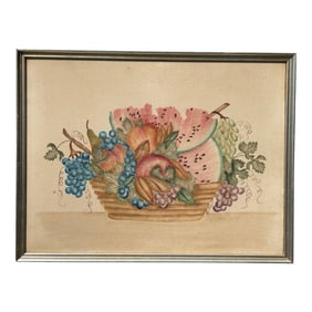 Colonial Cornucopia - Original 19th C. Still Life Fruit and Basket Painting on Fabric
