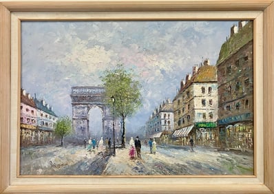 Large Vintage Paris Street Scene Oil Painting by Burnett – Arc De Triomphe