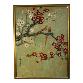 Teng Ping Cork Painting – Birds and Blossoms, Mid-Century Asian Decorative Art