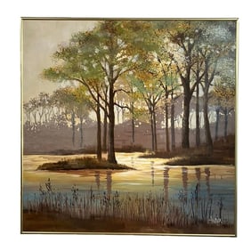 Large Vintage Landscape Painting by Andon – Trees Reflected in Water