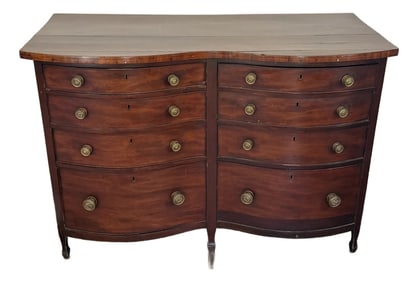 19th Century Antique Mahogany Double Bow Front 8 Drawer Dresser