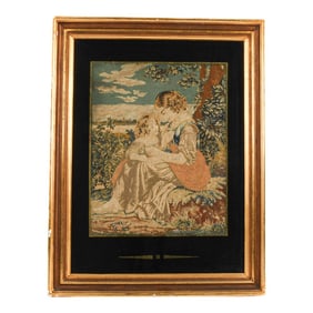 Antique Framed French Aubusson Woven Mother and Child Tapestry