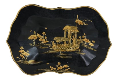 Vintage Black Background Hand Painted Chinoiserie Decorative Plate, Tray