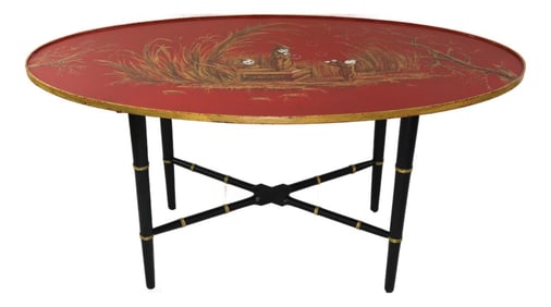Vintage Chinoiserie Red Coffee Table With Hand-Painted Figures