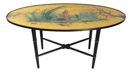 Vintage Chinoiserie Yellow Coffee Table With Hand-Painted Figures