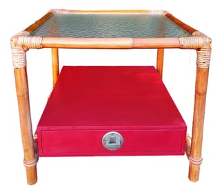 John Wisner for Ficks Reed Attributed Rattan Side Table With Chinese Red Drawer and Nickel Hardware