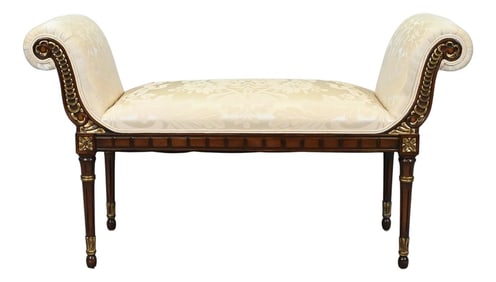 Neoclassical Carved Mahogany and Gilt Scroll Arm Window Bench Seat