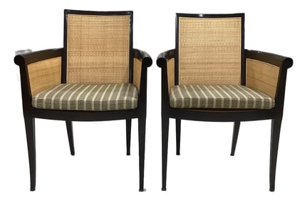 Pair of David Sutherland Wood and Cane Armchairs in Ebony Finish With Grasscloth Cushions