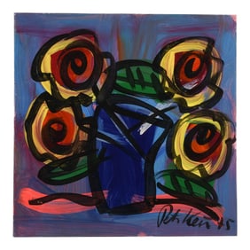 Signed Peter Keil "Flower's 75" Oil on Masonite