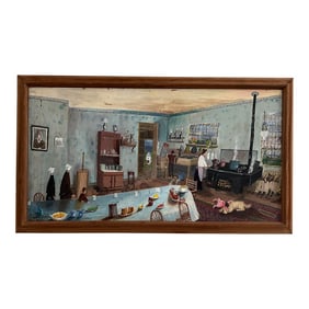 Outsider Art Primitive Amish Kitchen Scene by Mama Mary K. (C. 1950s–1970s)