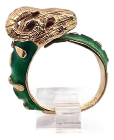 1960s Enamel Ram Ring With Rubies 14 & 18k Yellow Gold, Size 8