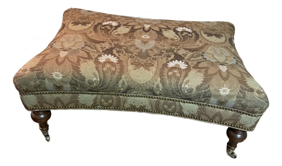 Tapestry Ottoman by Sherrill: Beautiful tapestry covered ottoman in an interesting shape showcased by nailhead trim. Fabric features a neutral olive and brown lotus pattern. Ottoman provides comfortable seating and easy mobility w