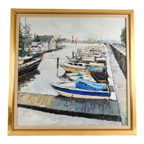 Framed Signed Renée Théobald "Bateaux en Holland" Oil on Canvas