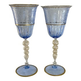 Pair of Hand-Blown Murano Etched Pale-Blue Gold-Stem Goblets
