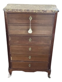 Late 19th-Century French Louis XVI-Style Mahogany Semainier With Breccia Marble Top