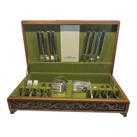 Mid 20th Century Dansk MCM Stainless Flatware With Teak Storage Chest - Service of 8