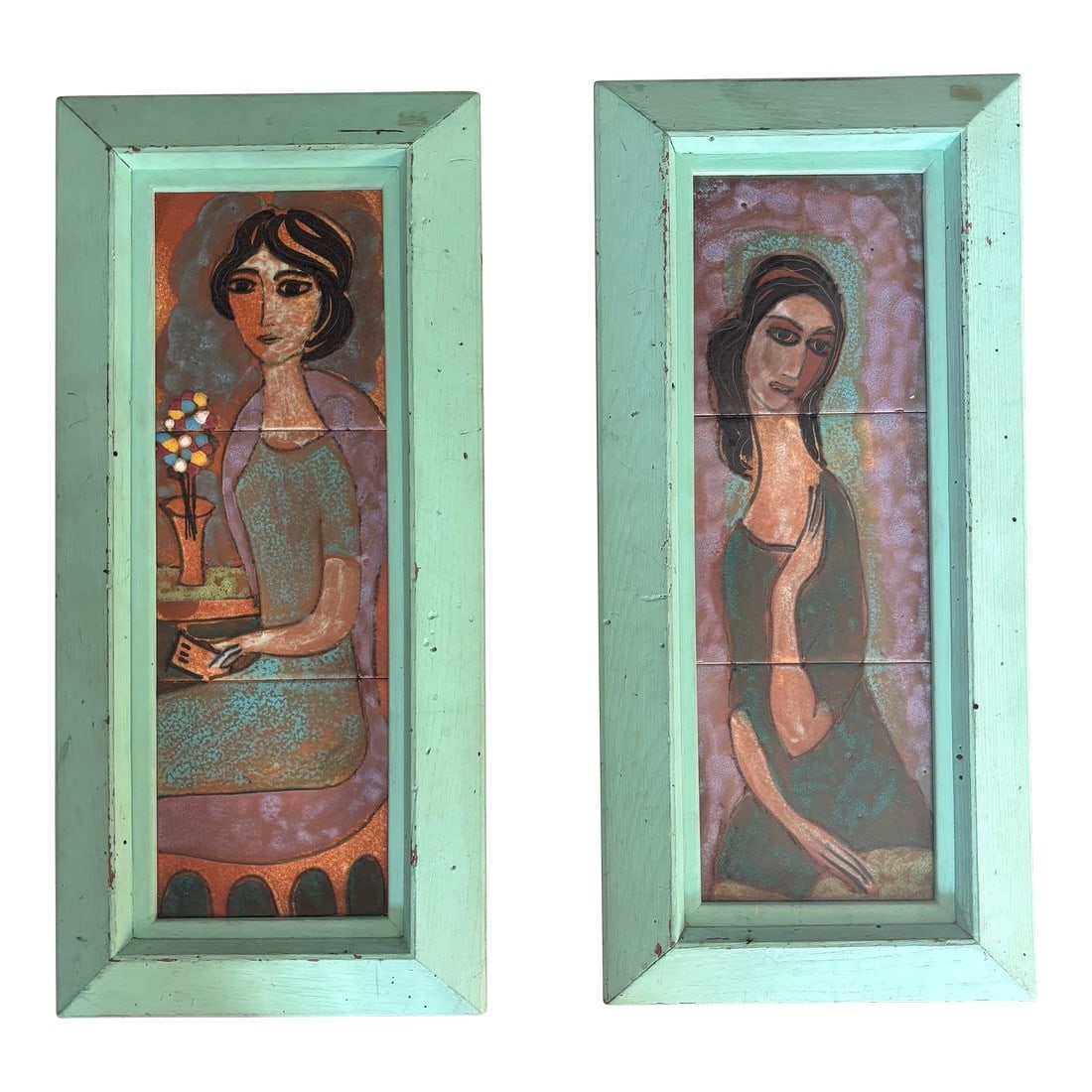 Pair of Painted Tile Wall Plaques of Two Women by Harris G. Strong: Pair of Painted Tile Portraits of Two Women in the Style of Picasso by Harris G.Strong. Original paint decorated frame. American mid-century period. Condition: Alterations: Original Condition Unaltere