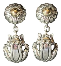 Late 20th Century Barry Kieselstein Cord Sterling Silver 925 & 14k Gold Frog & Flower Dangle Earring