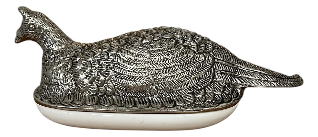 Godinger Pheasant Silverplate and Ceramic Butter Dish: Vintage Godinger silverplate pheasant butter dish. Measures 4" w x 10 d x 4" h, dish 3.75" w x 6.75" d x 1" h. No cracks or chips. Very minor tarnish. Condition: Alterations: Original Condition Unalte