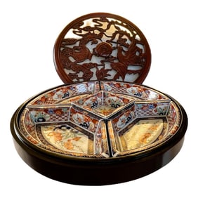 20th Century Chinese Carved Wood and Porcelain Tray of Togetherness