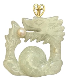 Late 20th Century 14k Gold and Carved Green Jade Dragon With Pearl Pendant