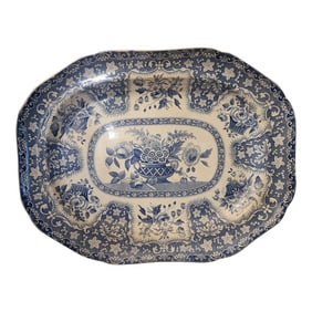1800's Antique Blue and White Floral Spode Platter
