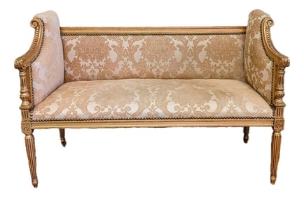 Vintage French Regency Style Settee - In Superb Condition, Reupholstered in a Gold Damask With a Gil