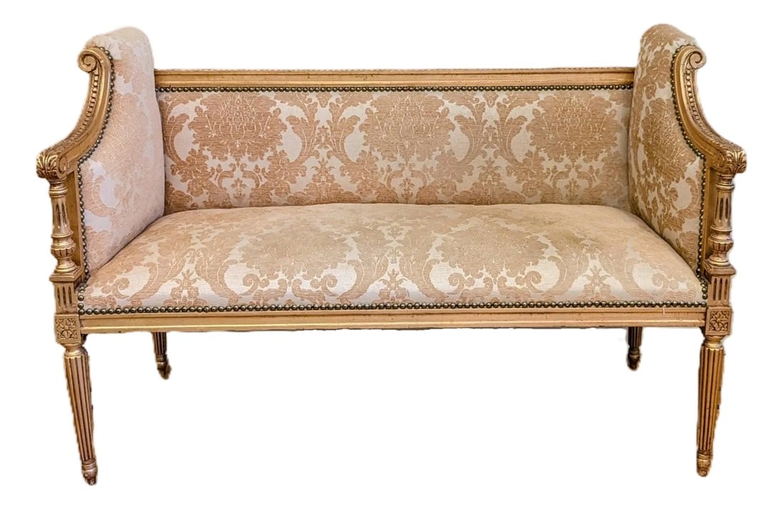 Vintage French Regency Style Settee - In Superb Condition, Reupholstered in a Gold Damask With a Gil (1 of 7)