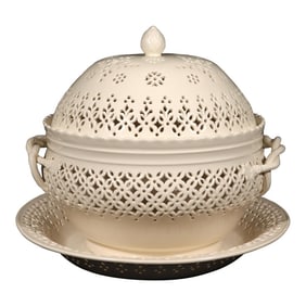 Creamware Covered Pierced Chestnut Basket and Stand,
