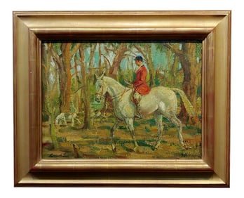 Gentleman in a Red Coat Riding a White Horse -1920s Oil Painting