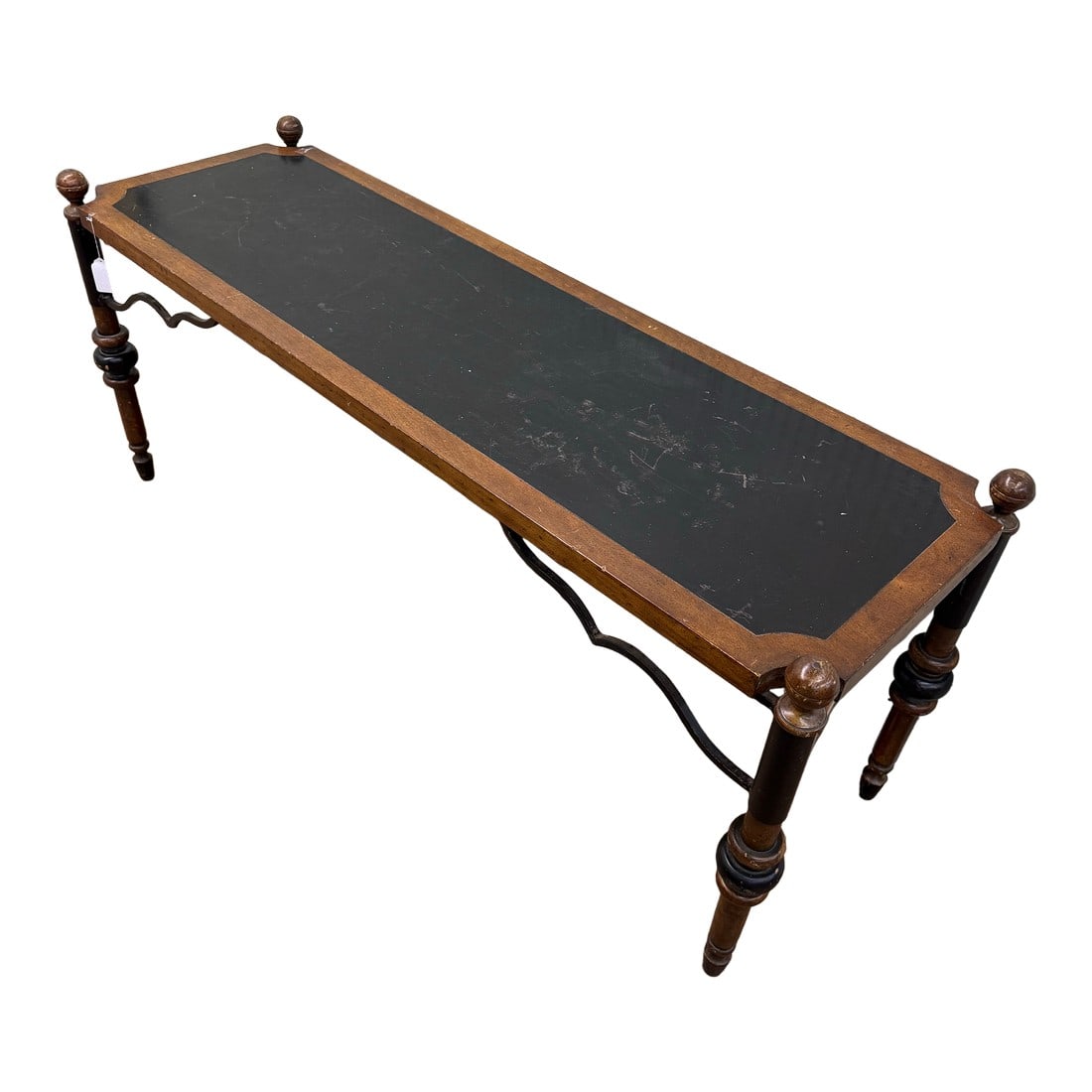 1950s Mid-Century French Wood and Bronze Console Table: Mid-Century French wood and bronze console table has some signs of wear and tear overall okay 64in Long 18in Wide Local pick up Only Condition: Alterations: Original Condition Unaltered Imperfect