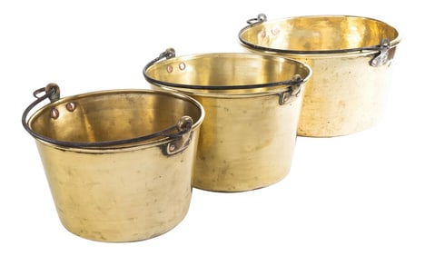 Late 19th Century Assembled Spun Brass Buckets With Steel Wire Handles - Set of 3
