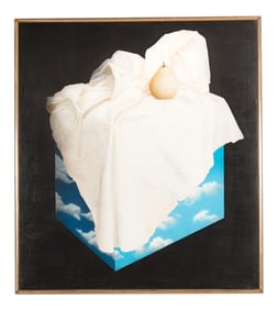 Charley Brown -Pear on a Cube of Clouds in the Sky " Surrealistic Still Life Oil Painting