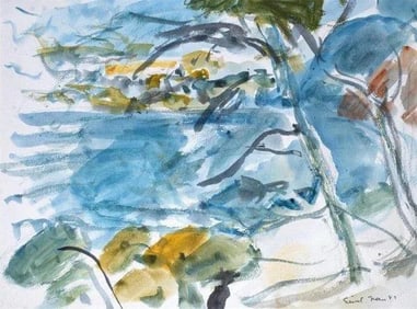 Late 20th Century "Villefond" Naturalistic Aquarelle Painting on Paper by Marcel Saint-Jean