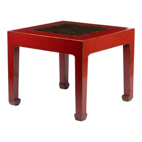 Chinese Red Lacquered Square Table Fitted With Inset Stone Top