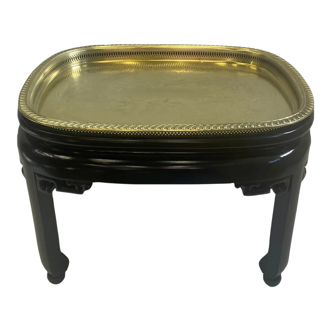 Baker Brass Tray Coffee Table With Ebonized Base: Handsome brass tray top cocktail table having ebonized base with carved apron having Asian flair. Condition: Alterations: Original Condition Unaltered Imperfections: Some Imperfections Condition Notes