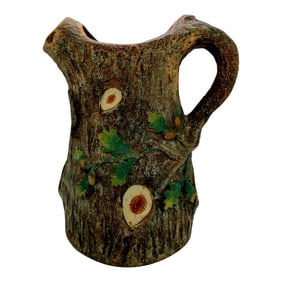 Antique German Joseph Holdcroft Lizzie Schanz Majolica Oak Tree Bark Pitcher