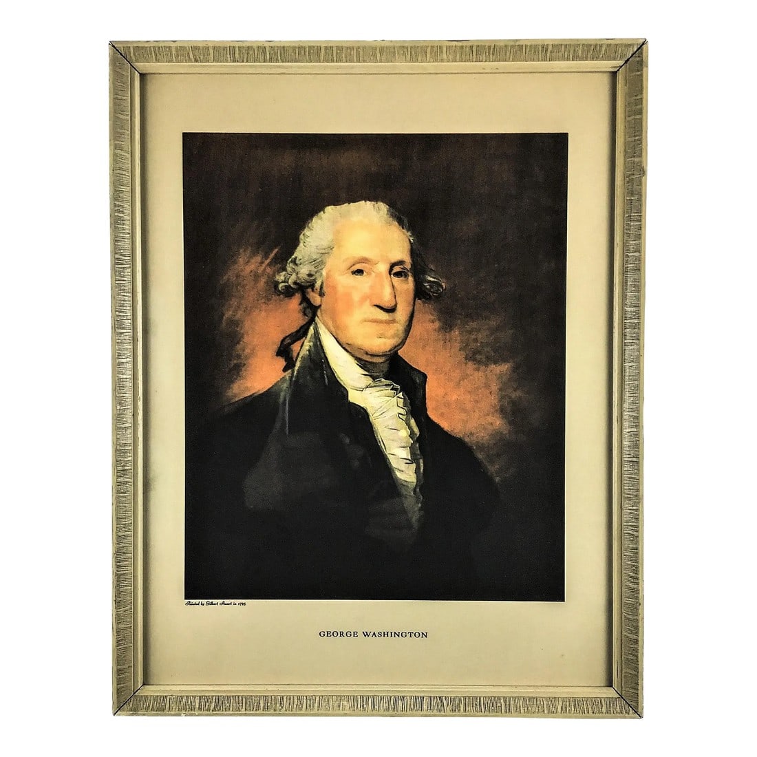 Offset Lithography Print of George Washington by Gilbert Stuart: Gorgeous portrait of George Washington printed and framed. This beauty was originally painted by Gilbert Stuart in 1795. In wonderful clean condition ready to gift or hang among your prized artwork. C
