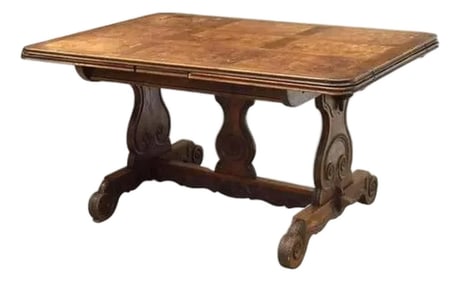 Antique French Oak & Elm Trestle Base Dining Table - No Extension Leaves