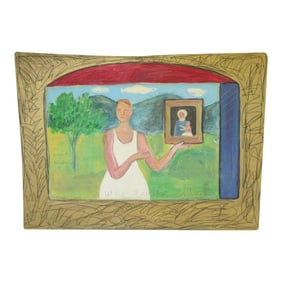 1980s Karin Campfens Folk Art Painting on Wood Woman Holding Portrait of Virgin Mary and Child
