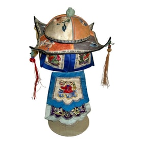 Late 19th Century Chinese Child Embroidered Silk Hat with Stand