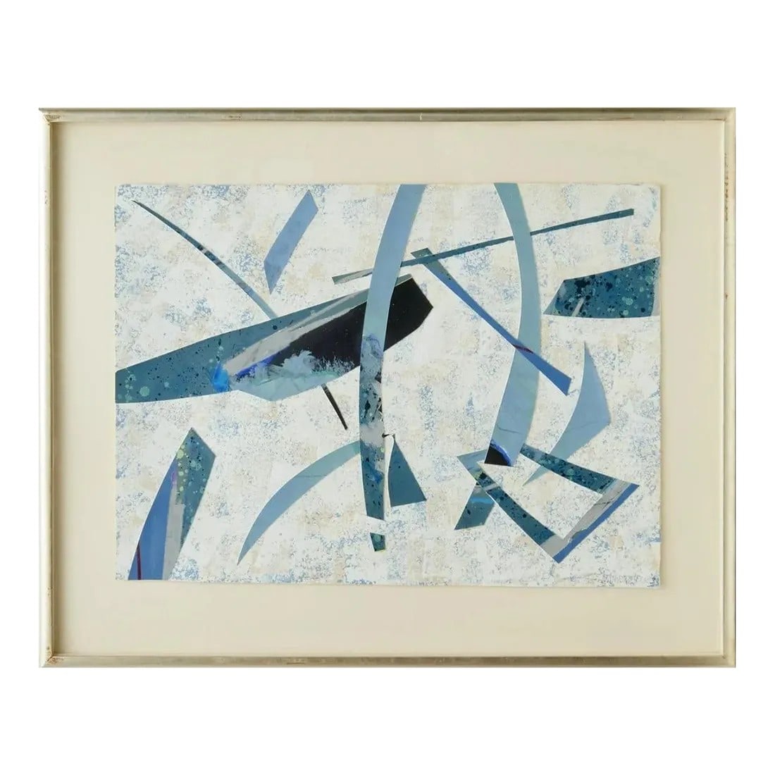 Mixed Media Collage in Blues Framed and Signed: A mixed media collage in blues, framed and signed by Edward Meneeley, 1983. The contemporary artwork mixes paper and paint in varied shades of blue with an open curved and angular abstract design. The