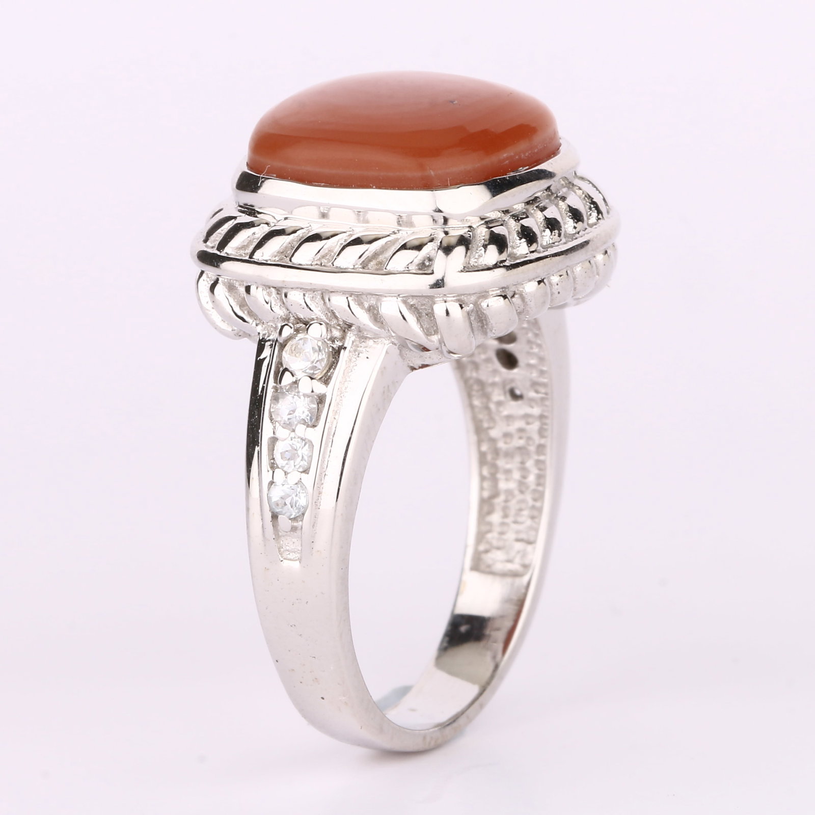 Ring: Peach Moonstone CAB Cushion 11.00mm: Title: Ring: Peach Moonstone CAB Cushion 11.00mm Description: Peach Moonstone CAB Cushion 11.00mm - 1Pc + White Topaz Round 1.50mm - 4Pcs + White Topaz Round 1.80mm - 2Pcs + White Topaz Round 2.00mm -