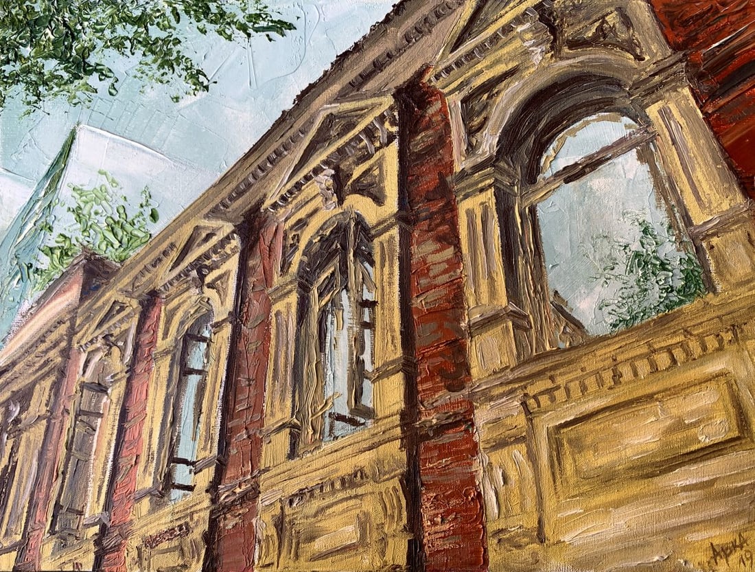 Oil painting Window to the sky Dmitry Arkadyev: Title: Oil painting Window to the sky Dmitry Arkadyev Description: NoAAA3579The painting titled "Window to the Sky" is an evocative depiction of an architectural fragment, focusing on a historic build