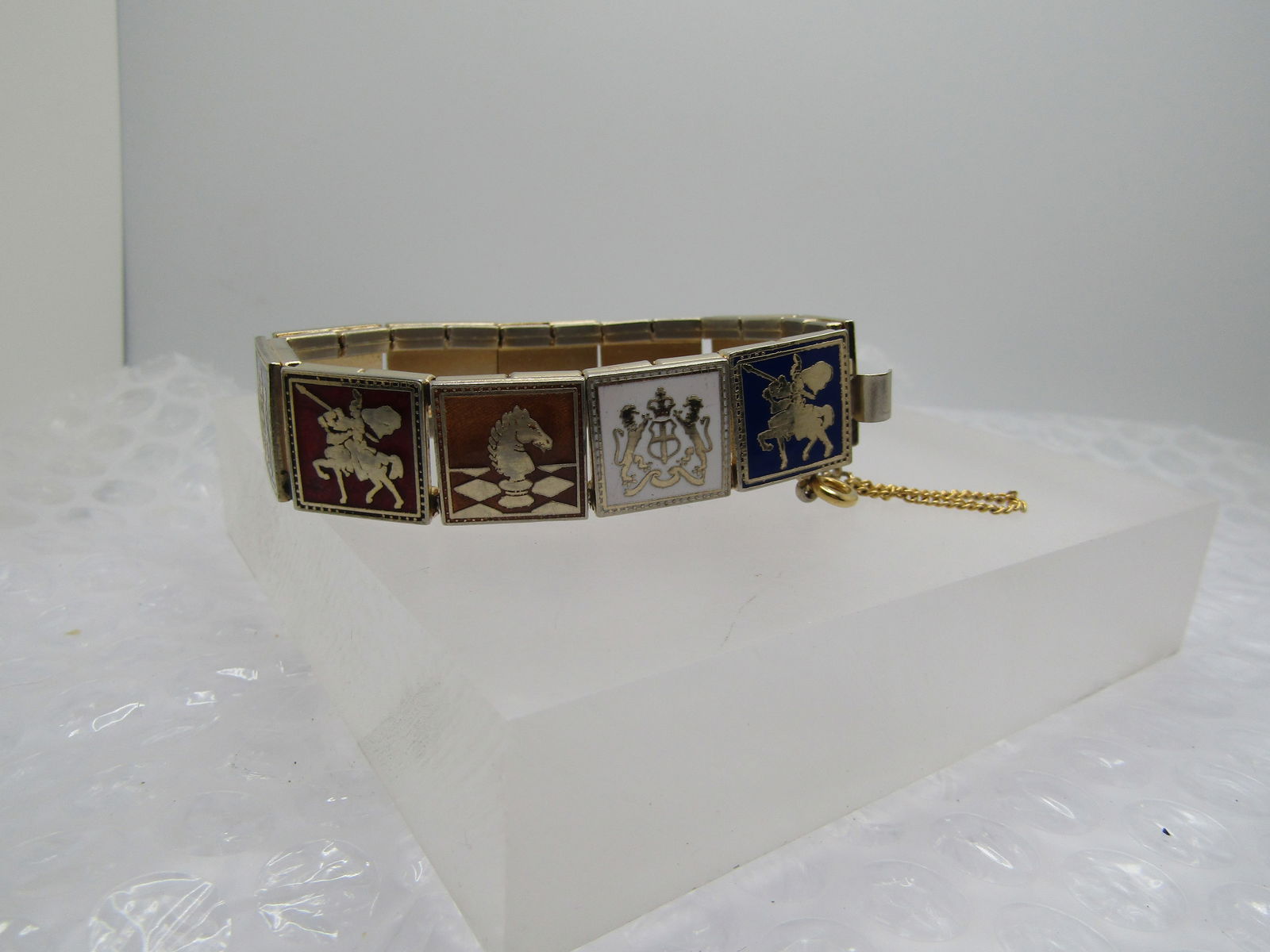 Vintage Enameled Medievel Themed Bracelet, Tile Links, 6.75", 1960's (1 of 9)