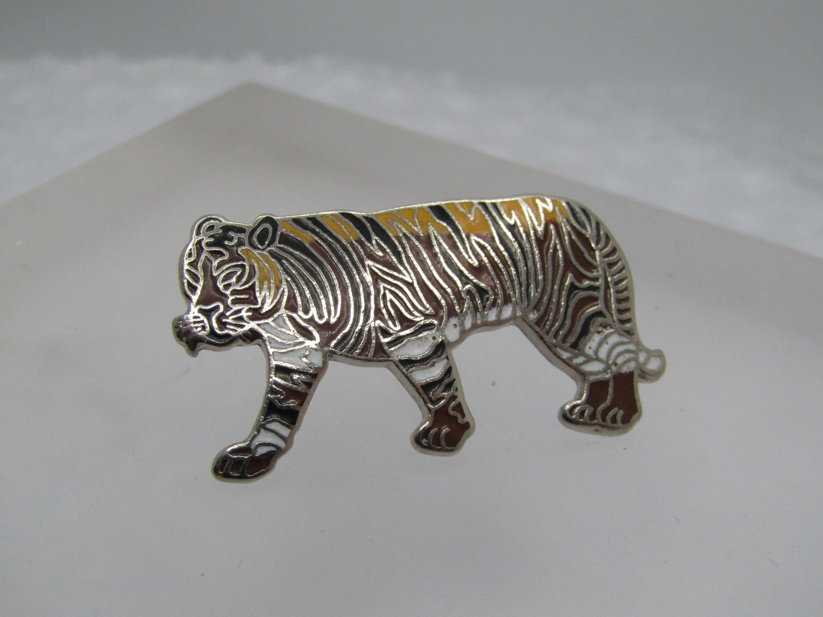 Vintage Enameled Tiger Tack Pin, 1980's-1990's: Title: Vintage Enameled Tiger Tack Pin, 1980's-1990's Description: Vintage Enameled Tiger Tack Pin, 1980's-1990's. The tiger is appx. 1" tall and 1.5" wide. Enameled in brown, white, black, yellow. It